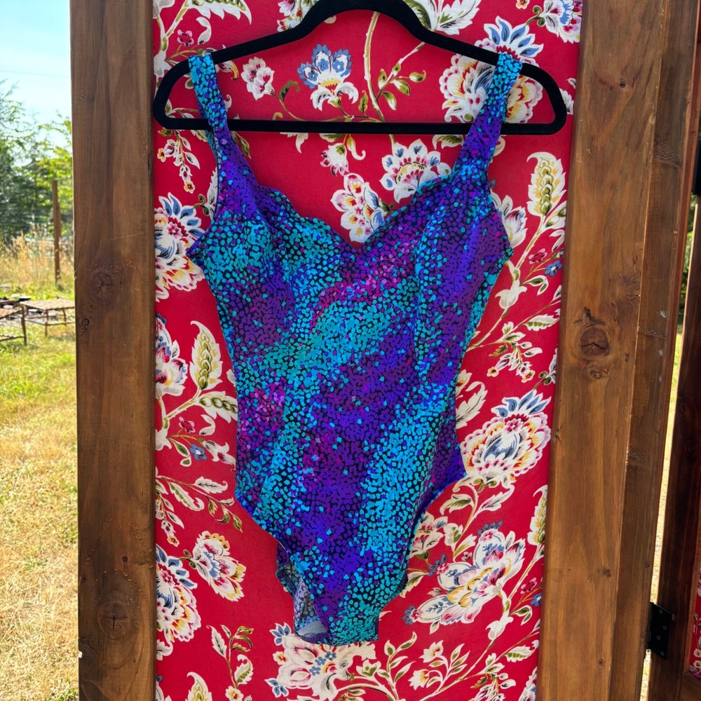 Vintage Turquoise Purple Neon Flirty Vacation One Piece Swimsuit Women's Size 10